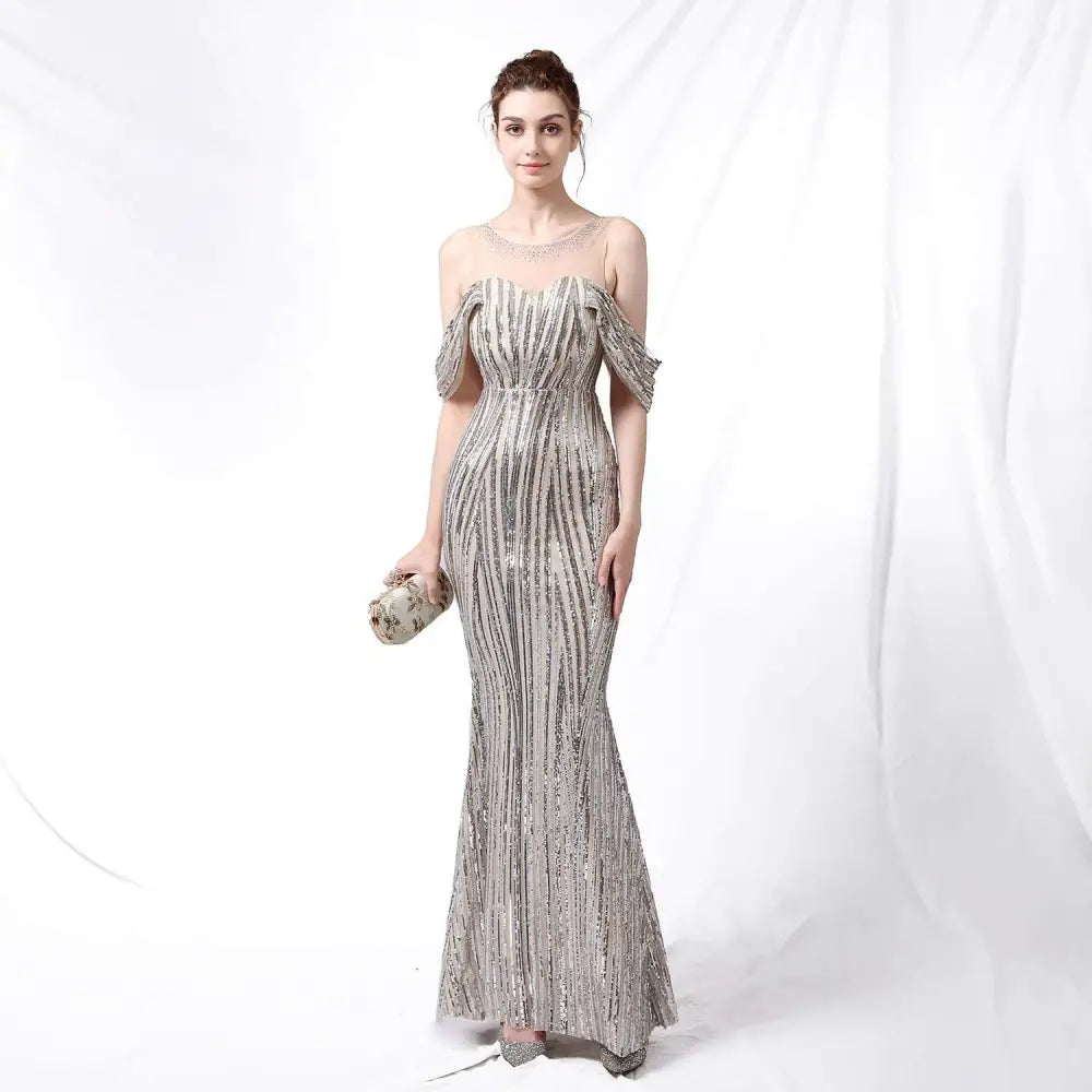 Silver Off-the-Shoulder Sequined Long Dress