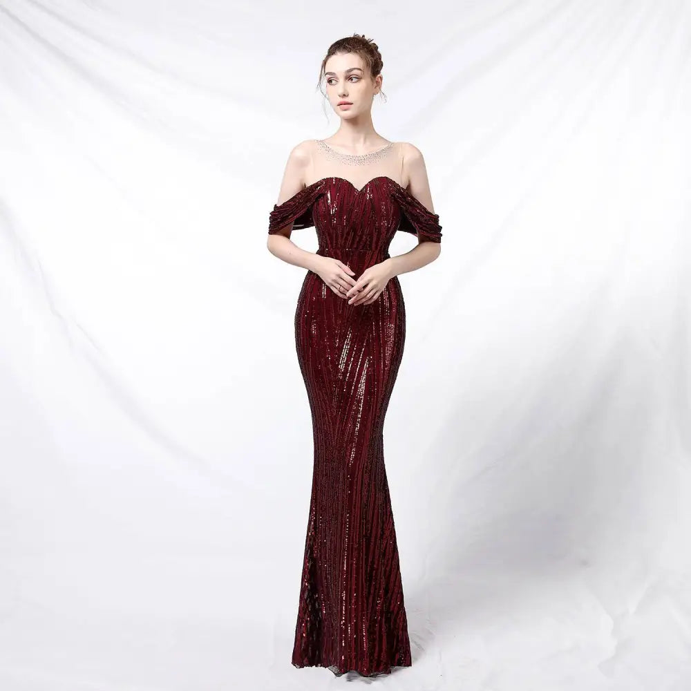 Silver Off-the-Shoulder Sequined Long Dress