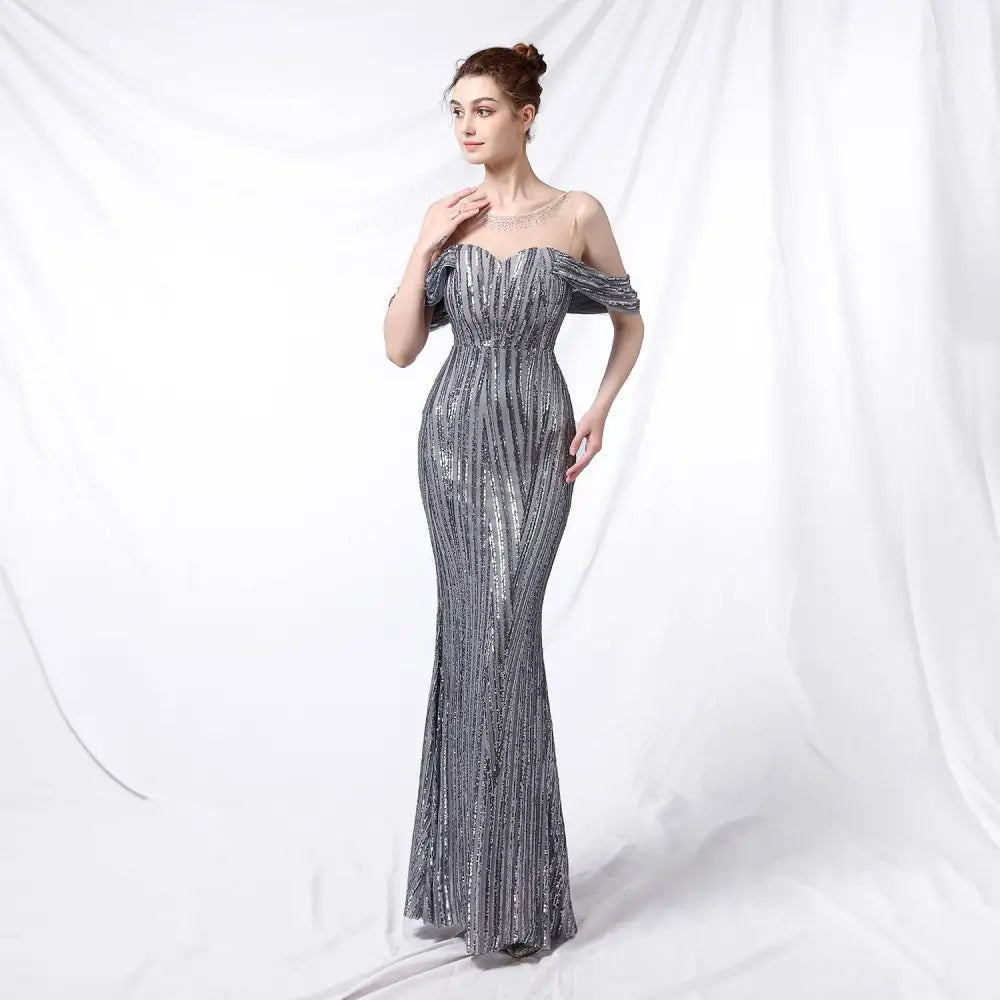 Silver Off-the-Shoulder Sequined Long Dress