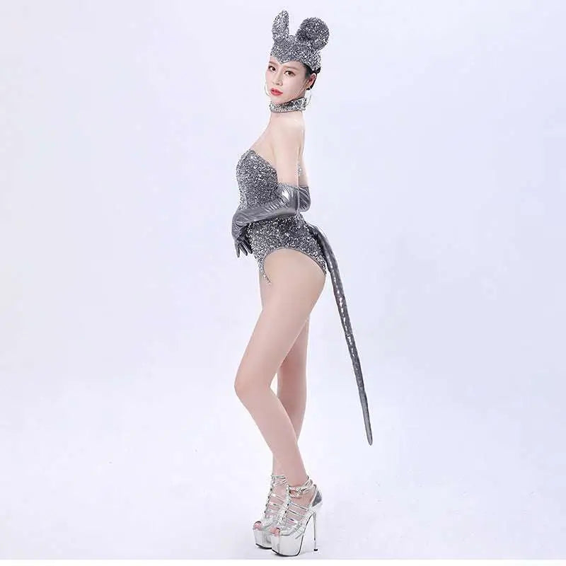 Silver Sequined Mouse Bar Costumes with Gloves and Tail