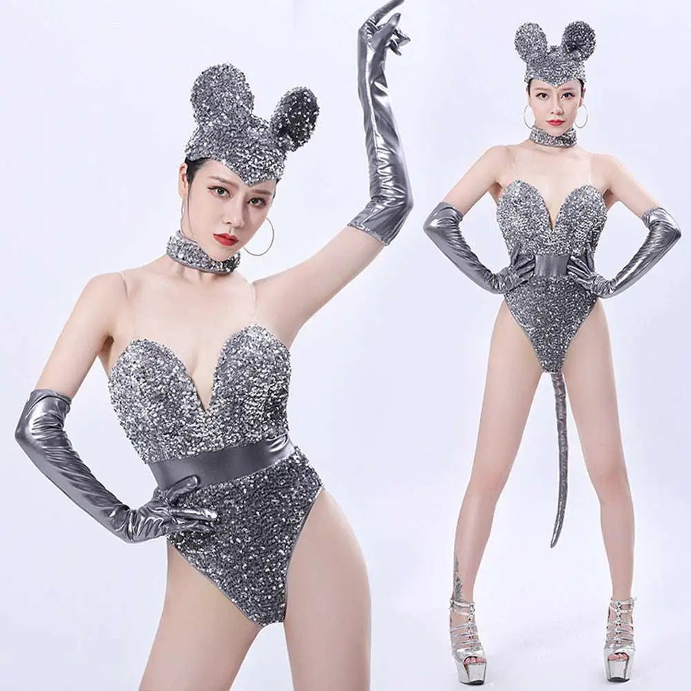 Silver Sequined Mouse Bar Costumes with Gloves and Tail
