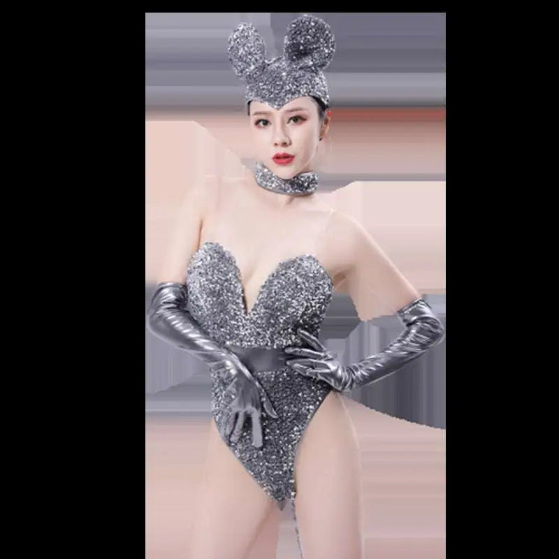 Silver Sequined Mouse Bar Costumes with Gloves and Tail