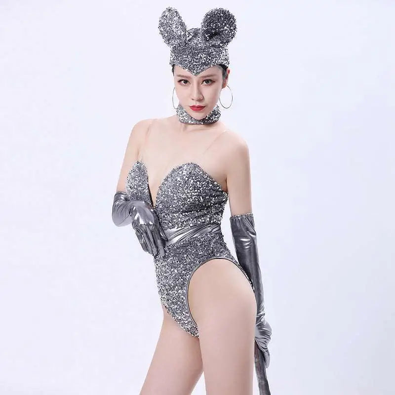Silver Sequined Mouse Bar Costumes with Gloves and Tail