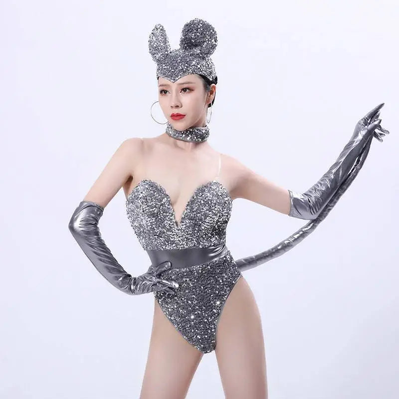 Silver Sequined Mouse Bar Costumes with Gloves and Tail