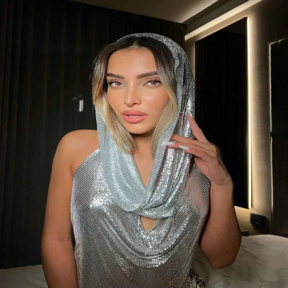 Silver Slit Metal Sequins Two-piece Set with Hood