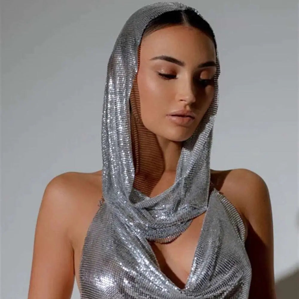 Silver Slit Metal Sequins Two-piece Set with Hood