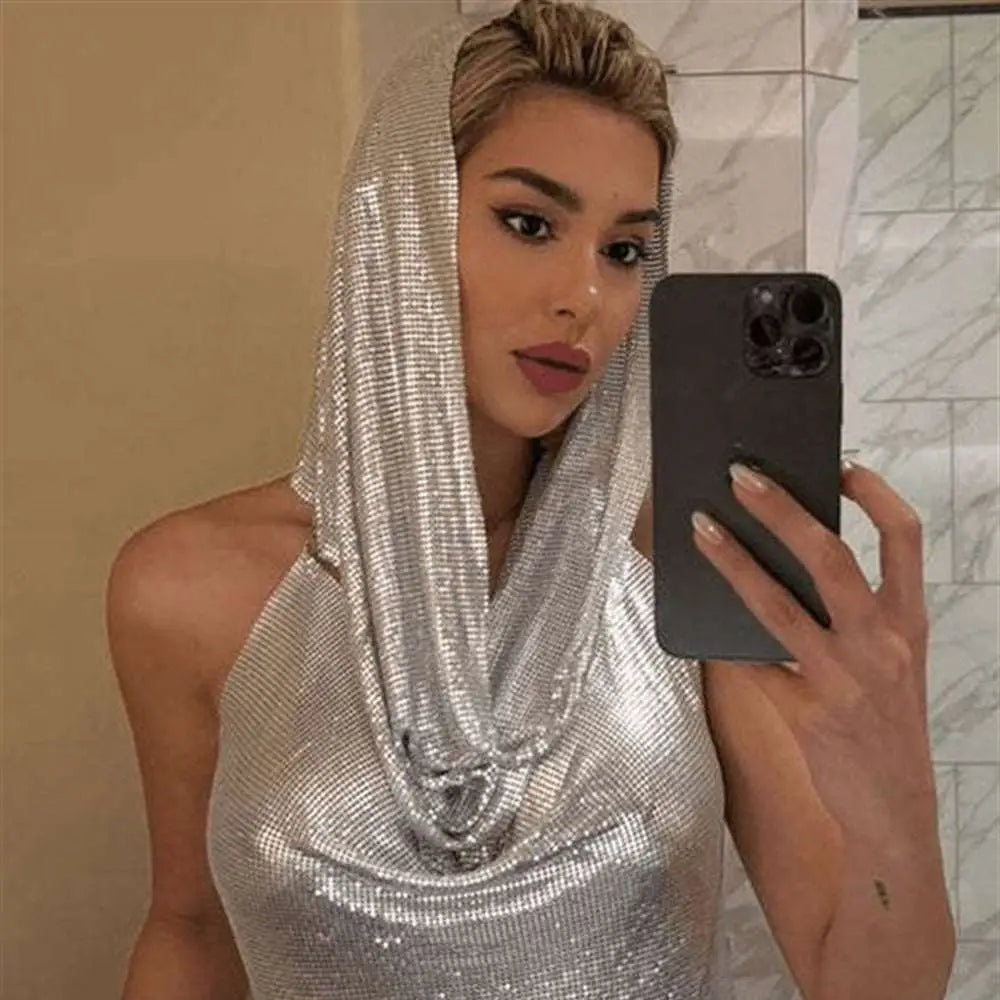 Silver Slit Metal Sequins Two-piece Set with Hood