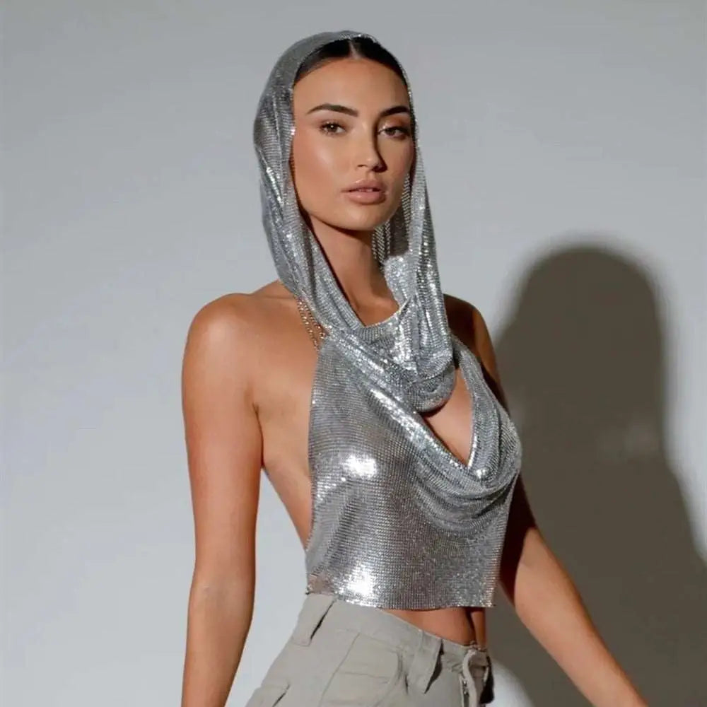 Silver Slit Metal Sequins Two-piece Set with Hood
