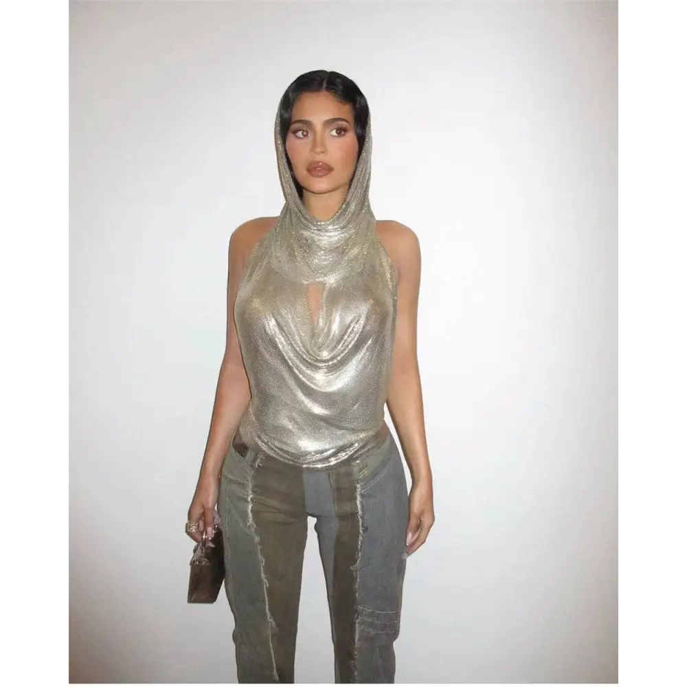Silver Slit Metal Sequins Two-piece Set with Hood
