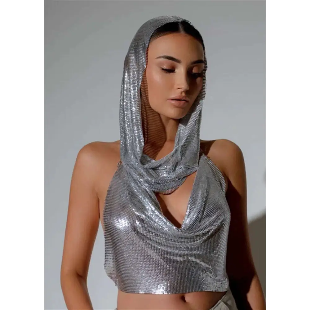 Silver Slit Metal Sequins Two-piece Set with Hood
