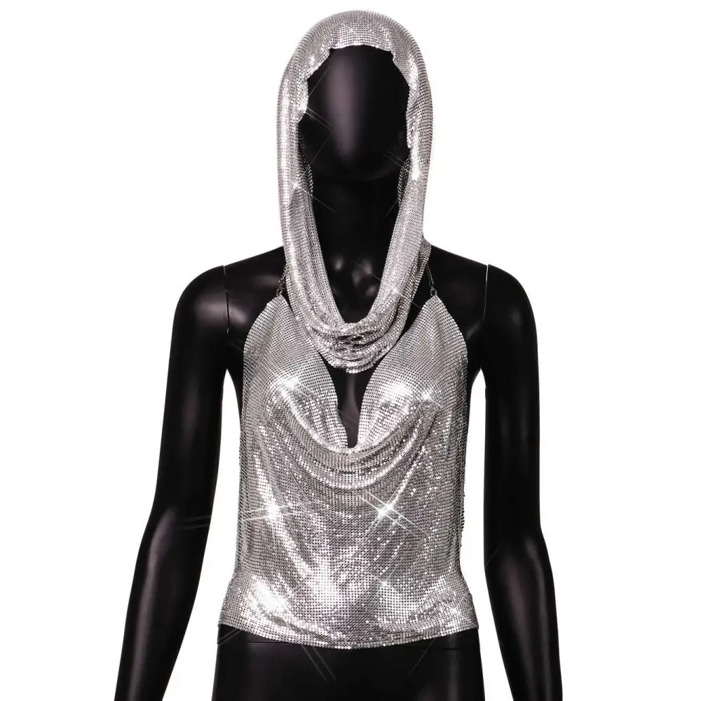 Silver Slit Metal Sequins Two-piece Set with Hood
