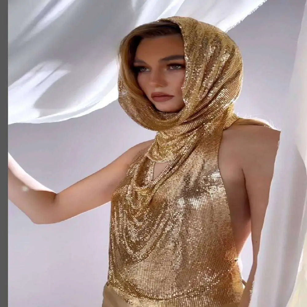Silver Slit Metal Sequins Two-piece Set with Hood