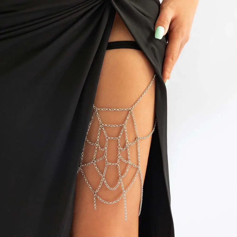 Silver Spiderweb Geometric Body Chain Jewelry Thigh Garter