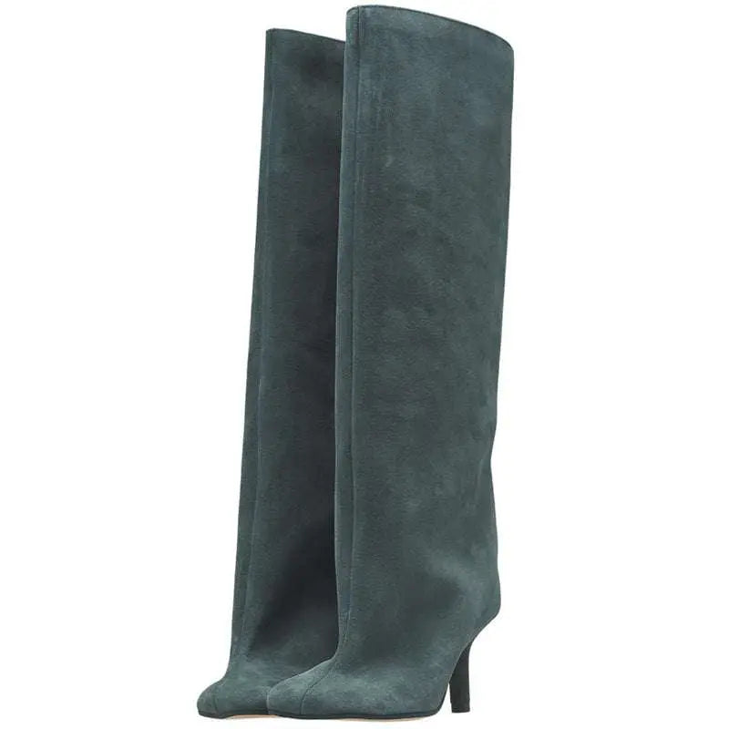 Simple Stitching Square Head Black Knee High Boots