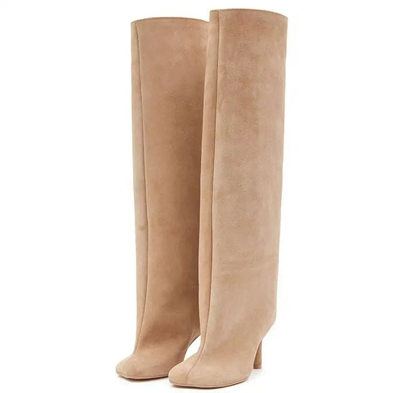 Simple Stitching Square Head Black Knee High Boots