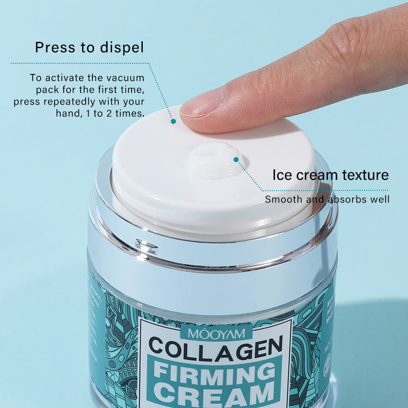 Collagen firming cream jar with a hand pressing the top, on a light blue background.