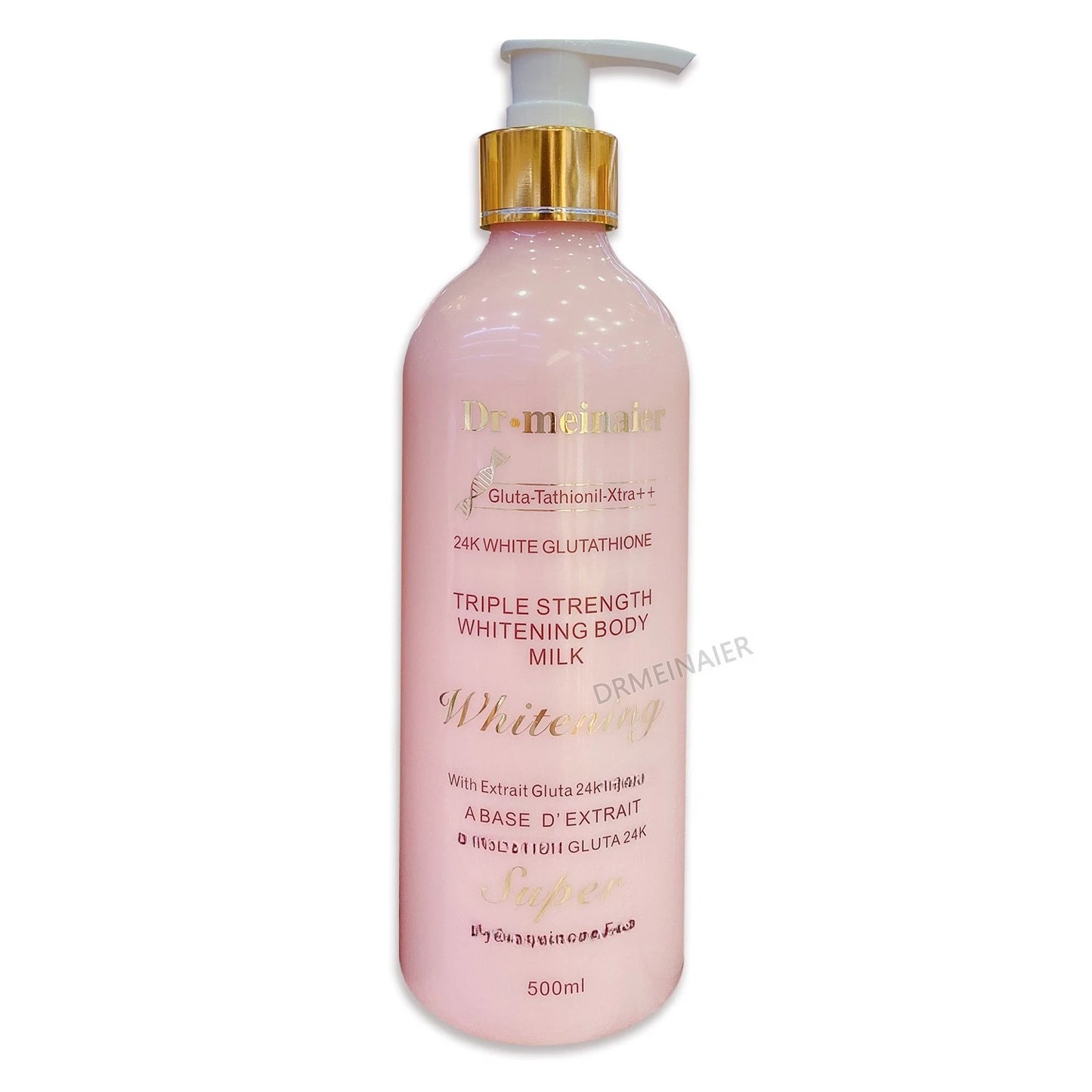 Pink bottle of Dr. Marineer Whitening Body Milk on a white background. 24K Gold Glutathione Whitening Body Lotion Moisturizing Brightening and Firming Body Cream