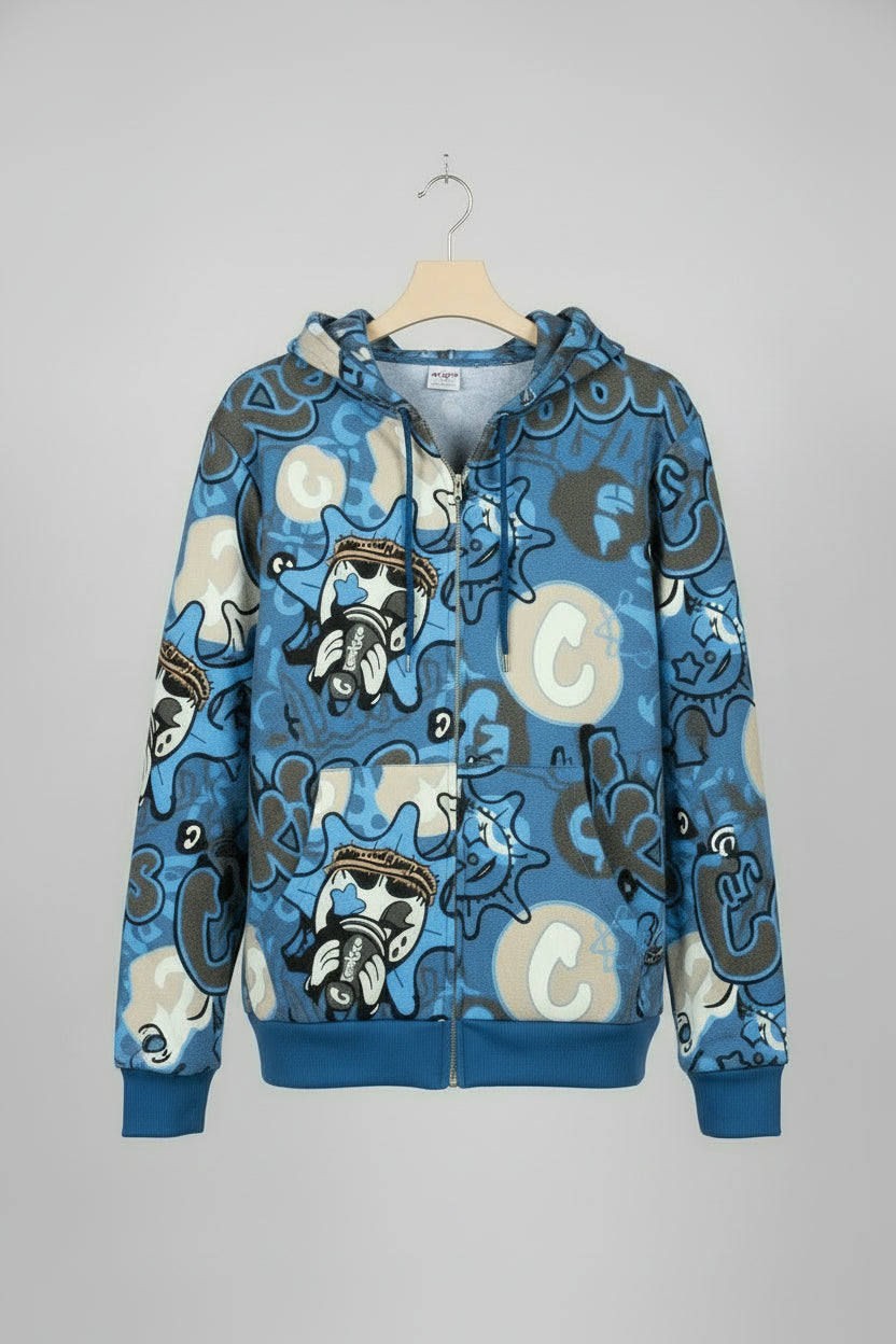 Blue hoodie with graphic designs and text on a brown background