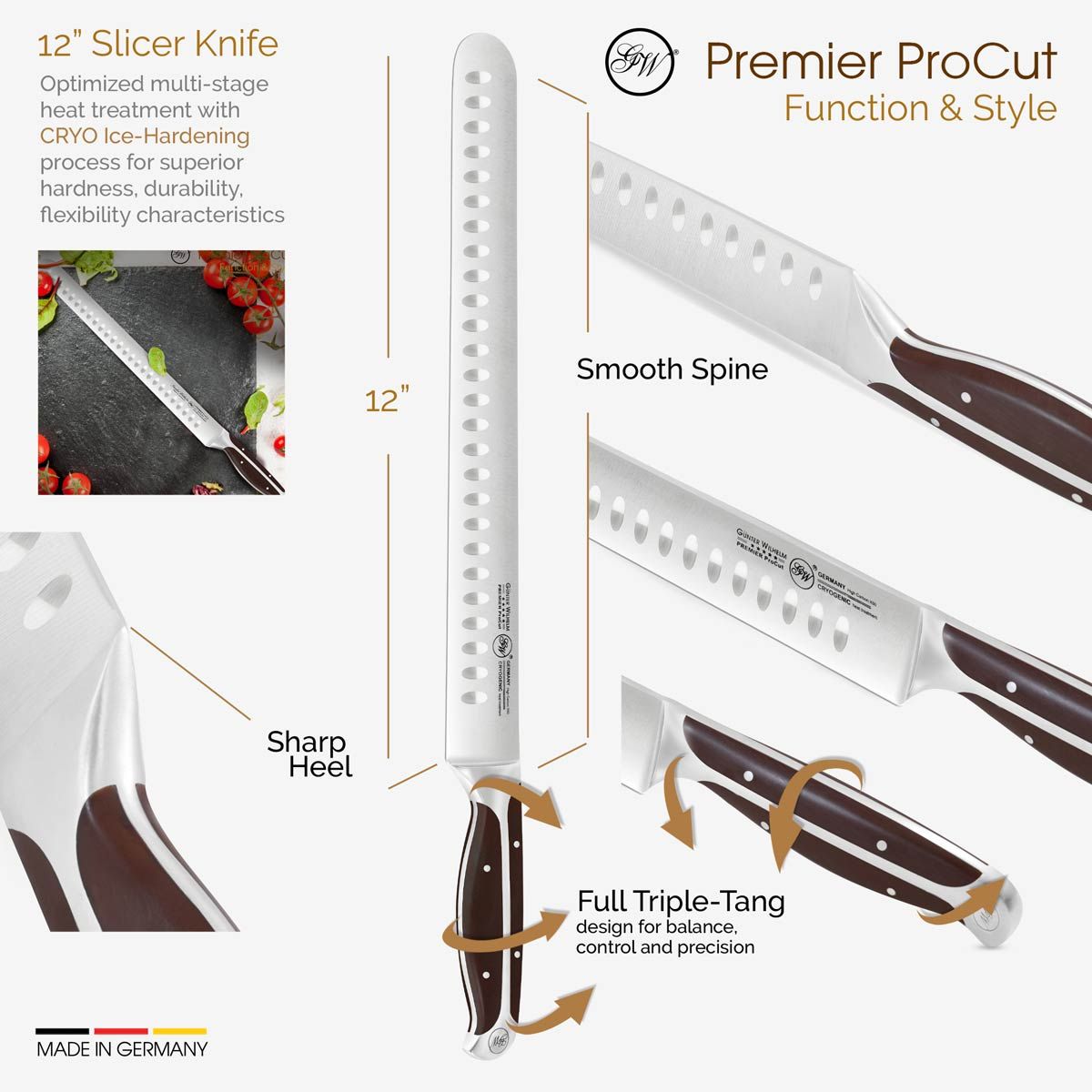 Gunter Wilhelm Premier Slicer/Brisket Knife, 12 Inch | Dark Brown ABS Handle SKU: 30-320-0612-4