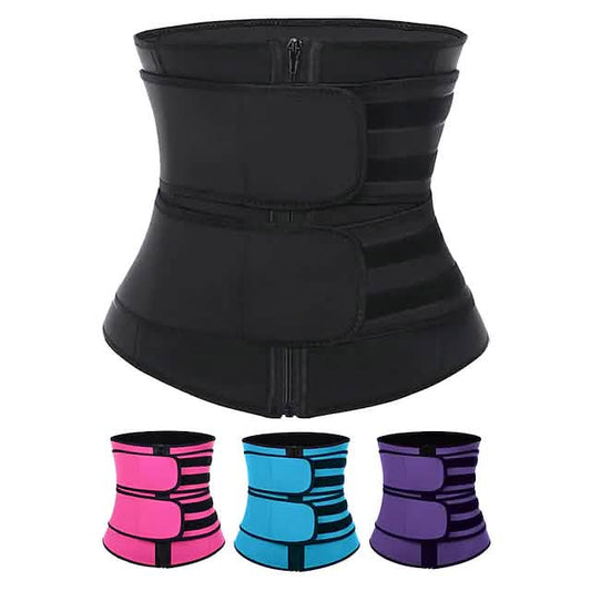 Black waist trainer with smaller images of pink, blue, and purple versions on a white background