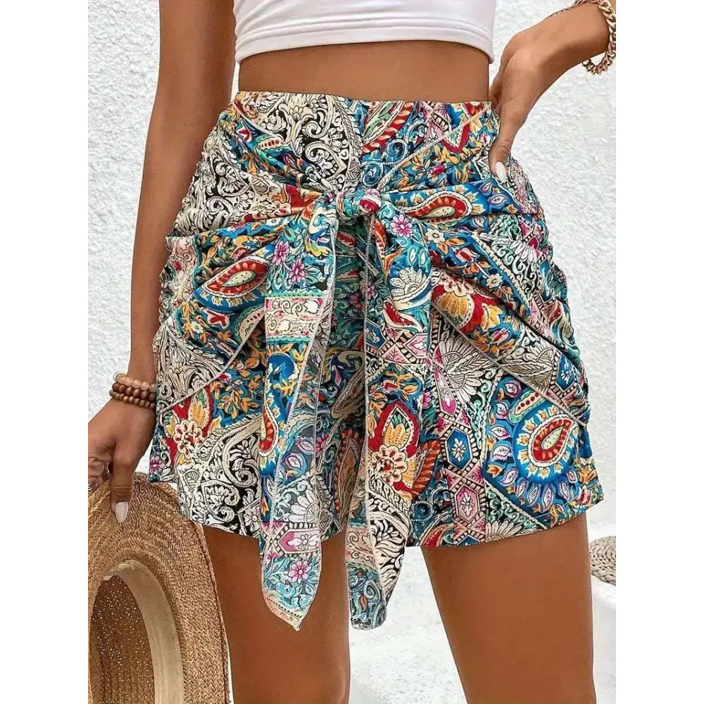 Slimming Lace Up Printed Irregular Skirt