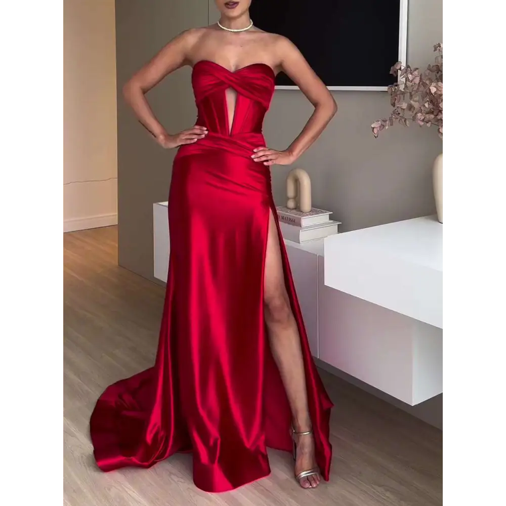 Slit Red Extra Long Satin Strapless Evening Dress