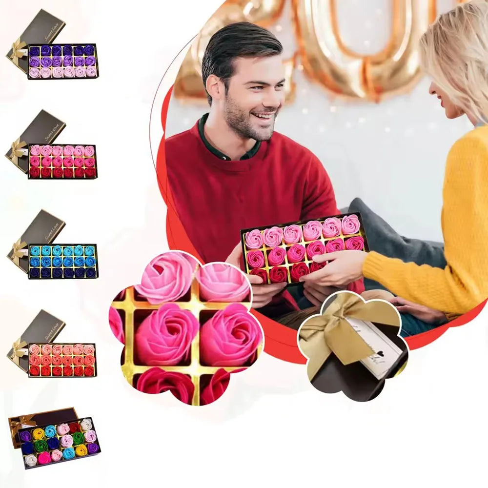 Couple exchanging gift boxes with pink roses and colorful items, surrounded by similar gift boxes.