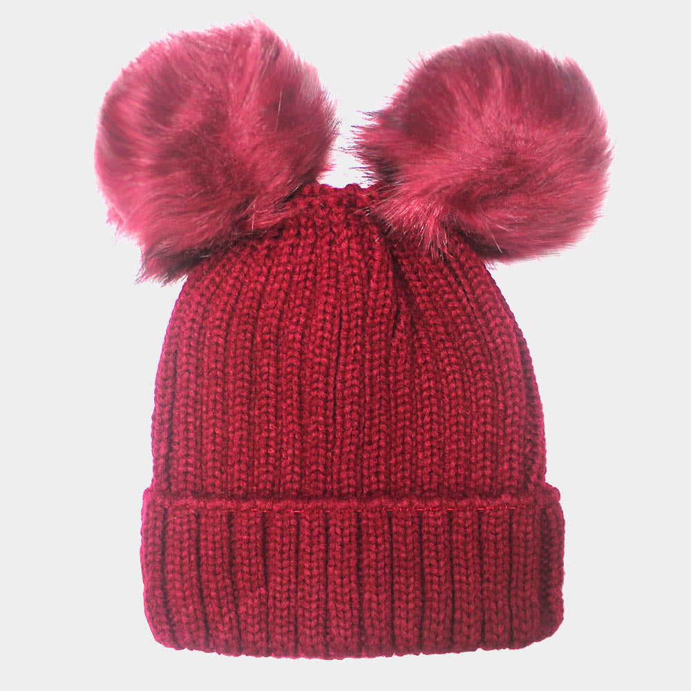 Soft Knit Double Faux Fur Pom Pom Beanie Hat