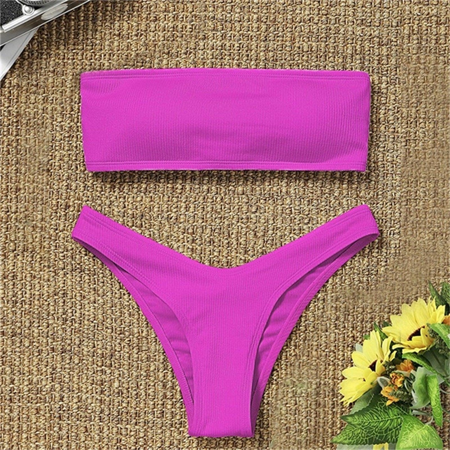Solid Bikini Swimsuit Women Bikini Set Women Strapless Ribbed  Bikini Set Lace Up High Cut Two Piece Swimsuit Bathing Suit Two Piece Tube Top Swimwear Female Bather Swimming Suit