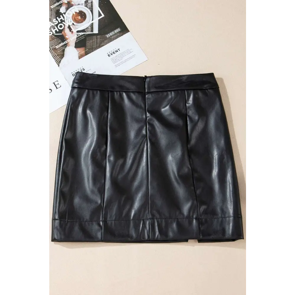 Solid Color High Waist Faux Leather Slit Skirt