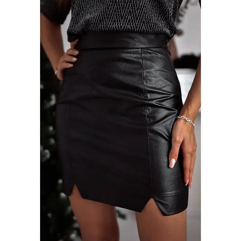 Solid Color High Waist Faux Leather Slit Skirt