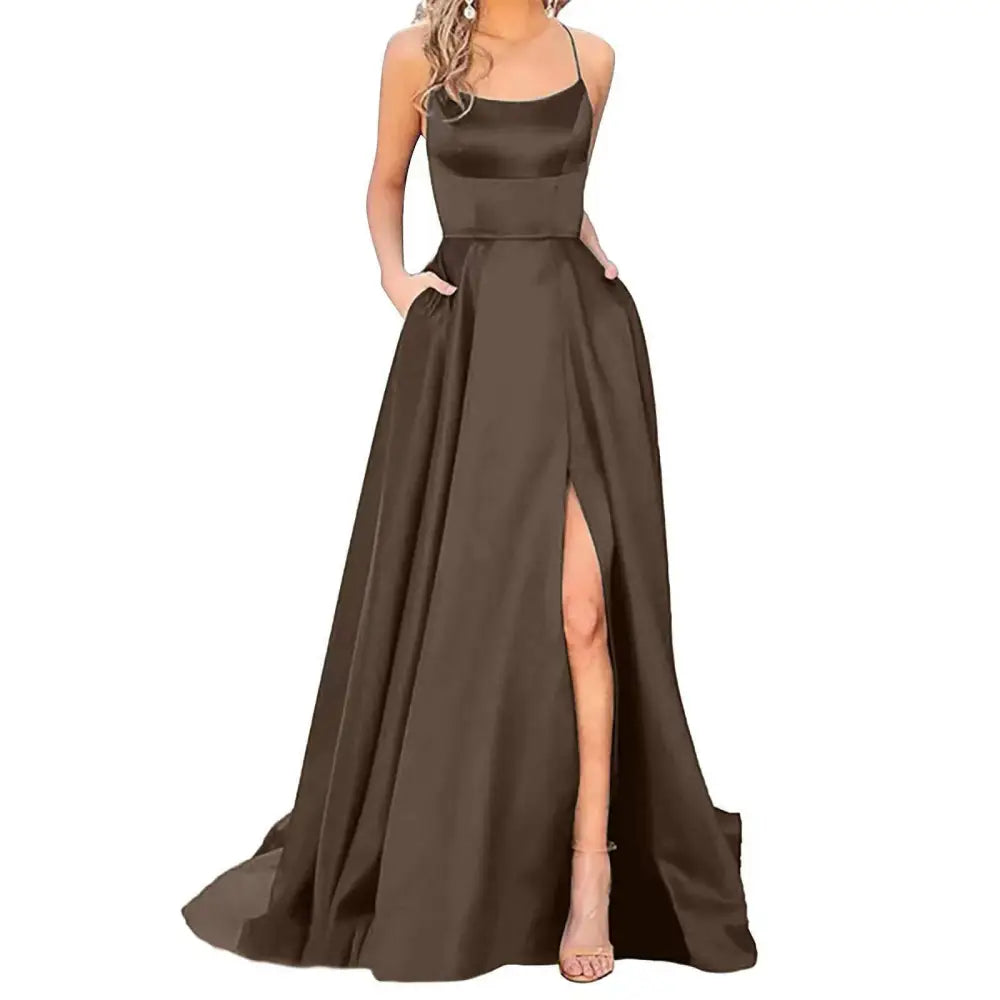 Solid Color Long Slimming Purple Satin Evening Gown