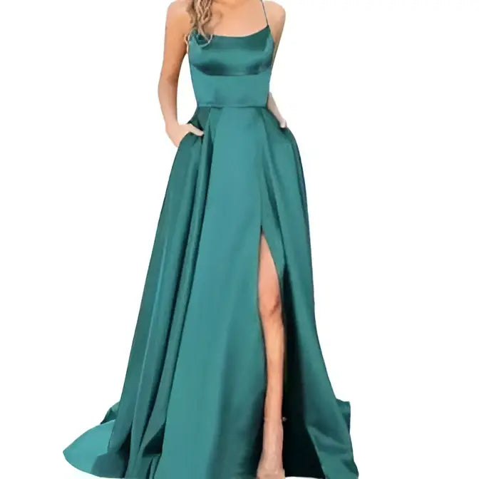 Solid Color Long Slimming Purple Satin Evening Gown