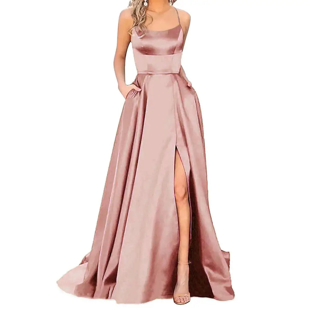 Solid Color Long Slimming Purple Satin Evening Gown