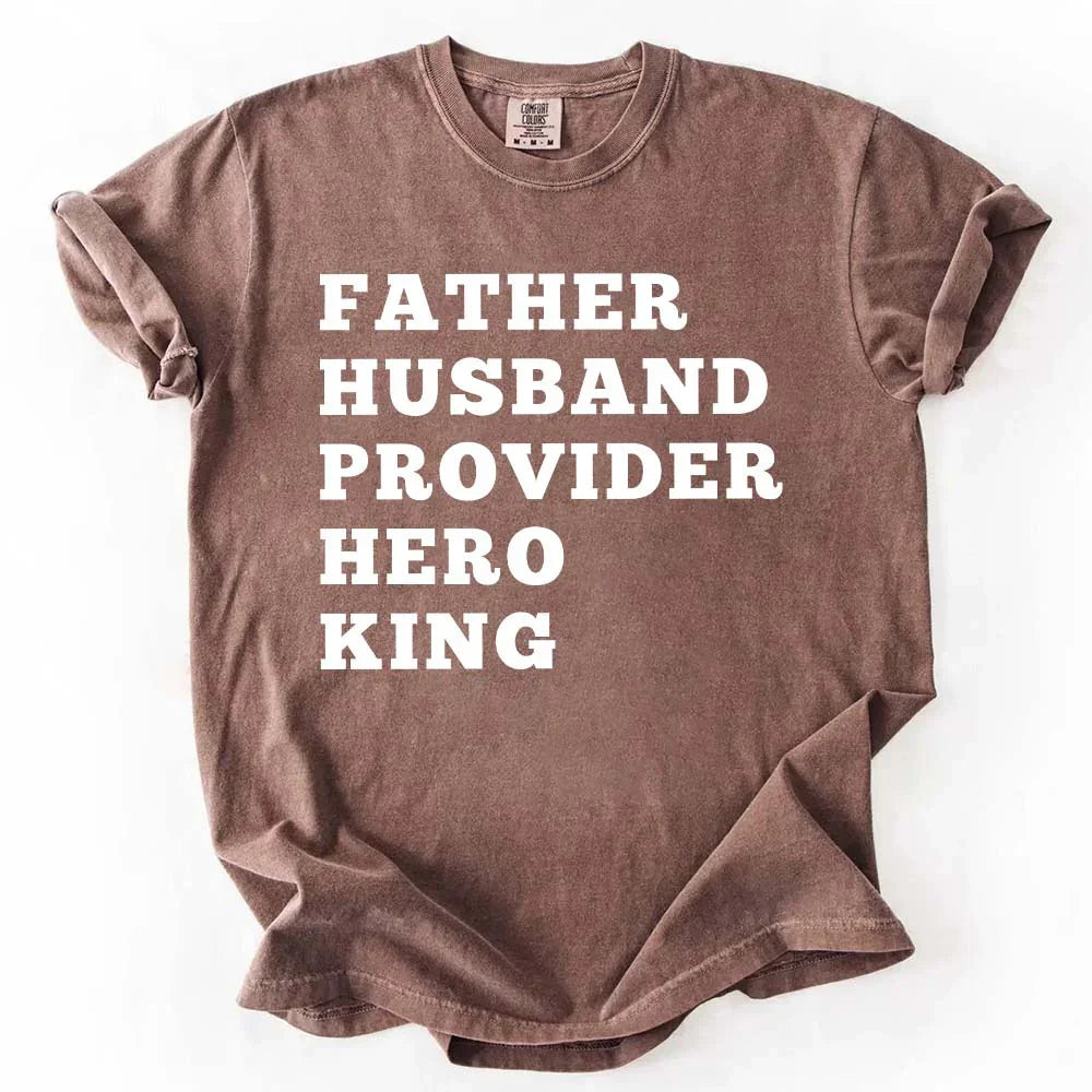 Brown t-shirt with white text on a white background