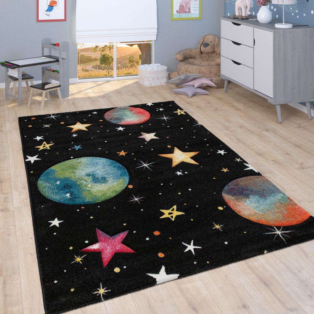 Space Kids Area Rug with colorful Planet Earth and Stars Universe in Black-0