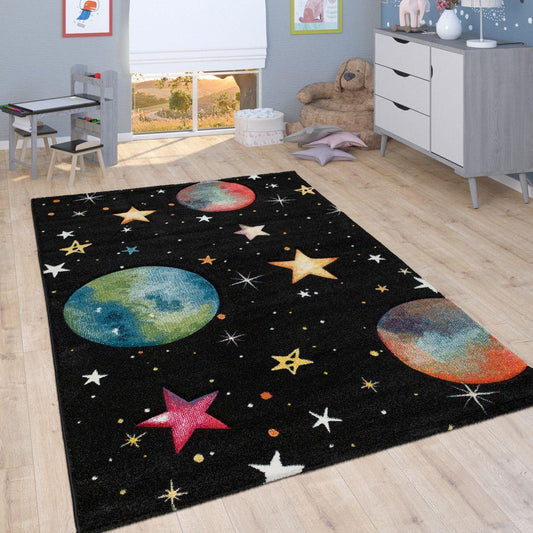 Space Kids Area Rug with colorful Planet Earth and Stars Universe in Black-0