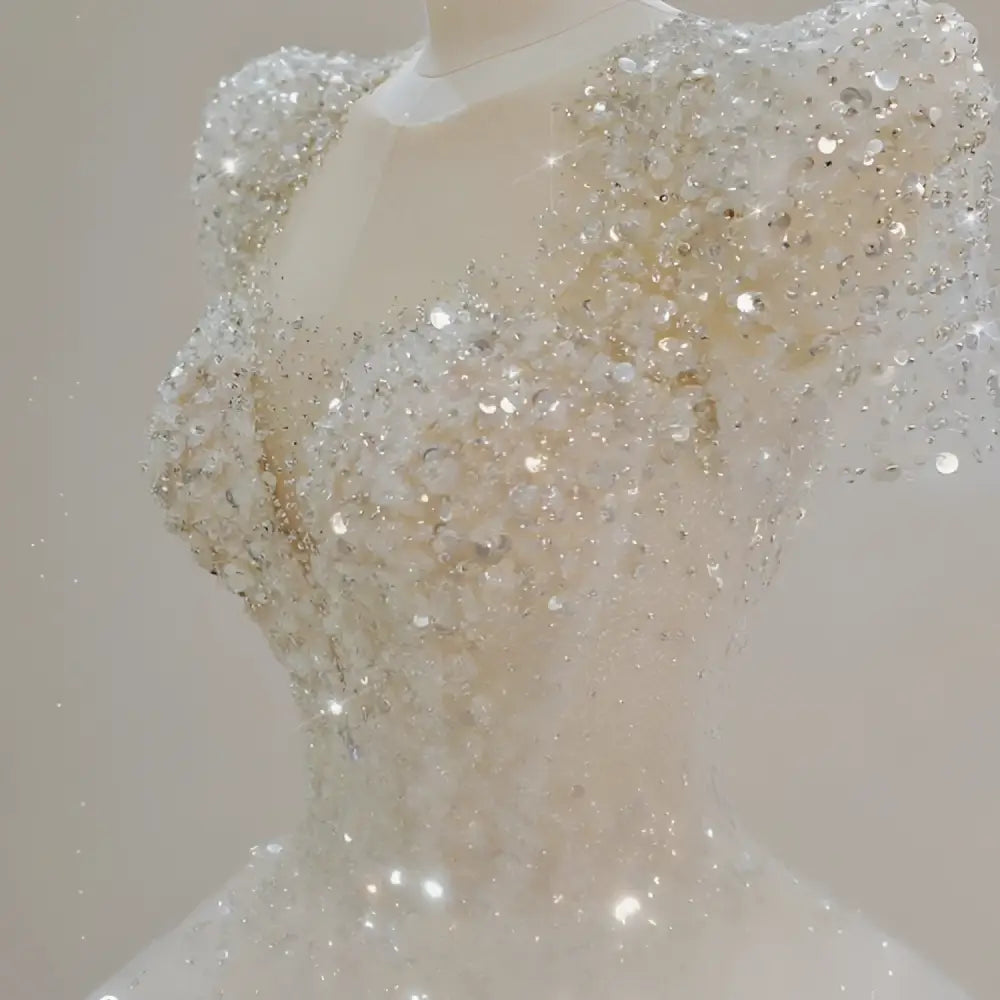 Sparkling Beaded White Wedding Dress with Voluminous Tail