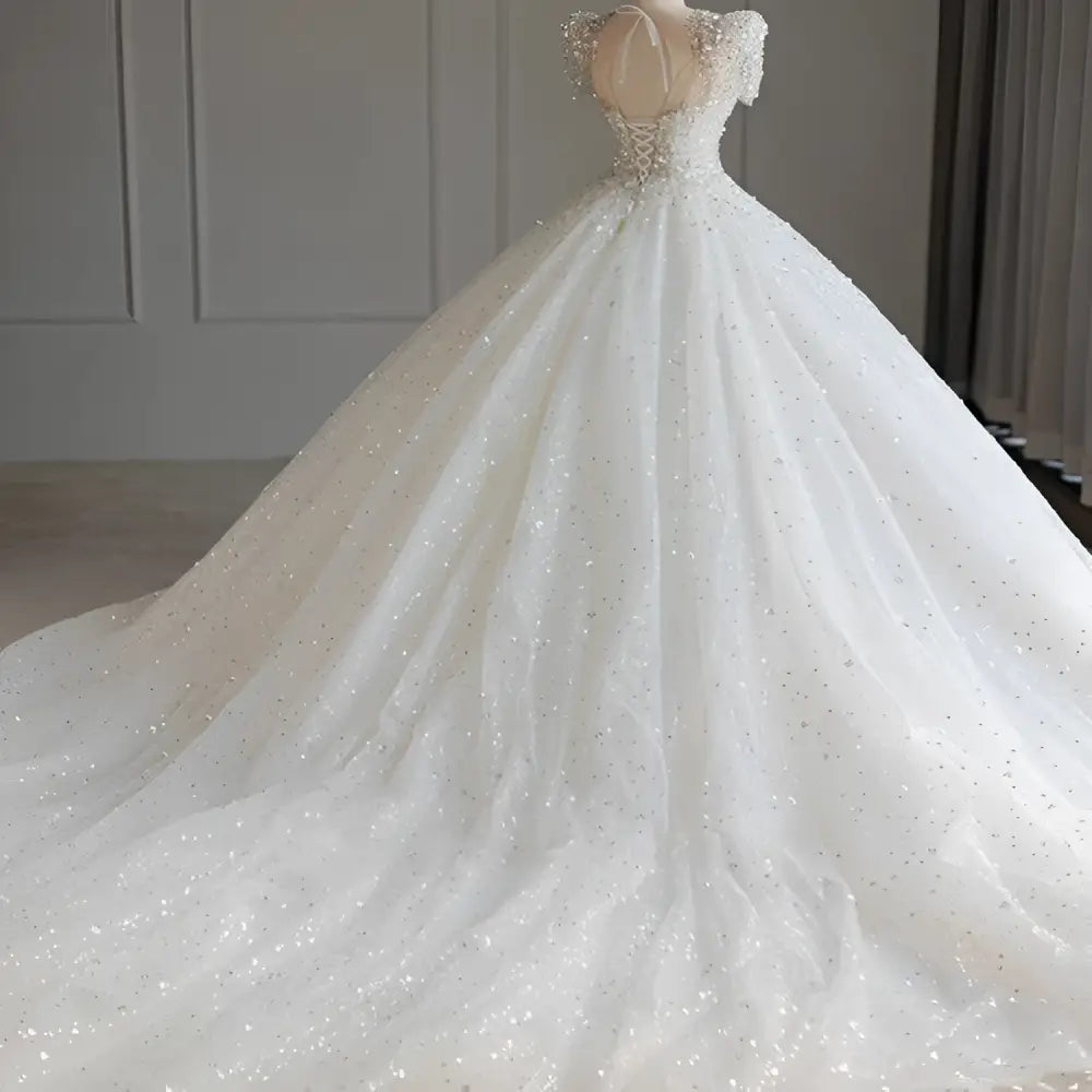 Sparkling Beaded White Wedding Dress with Voluminous Tail