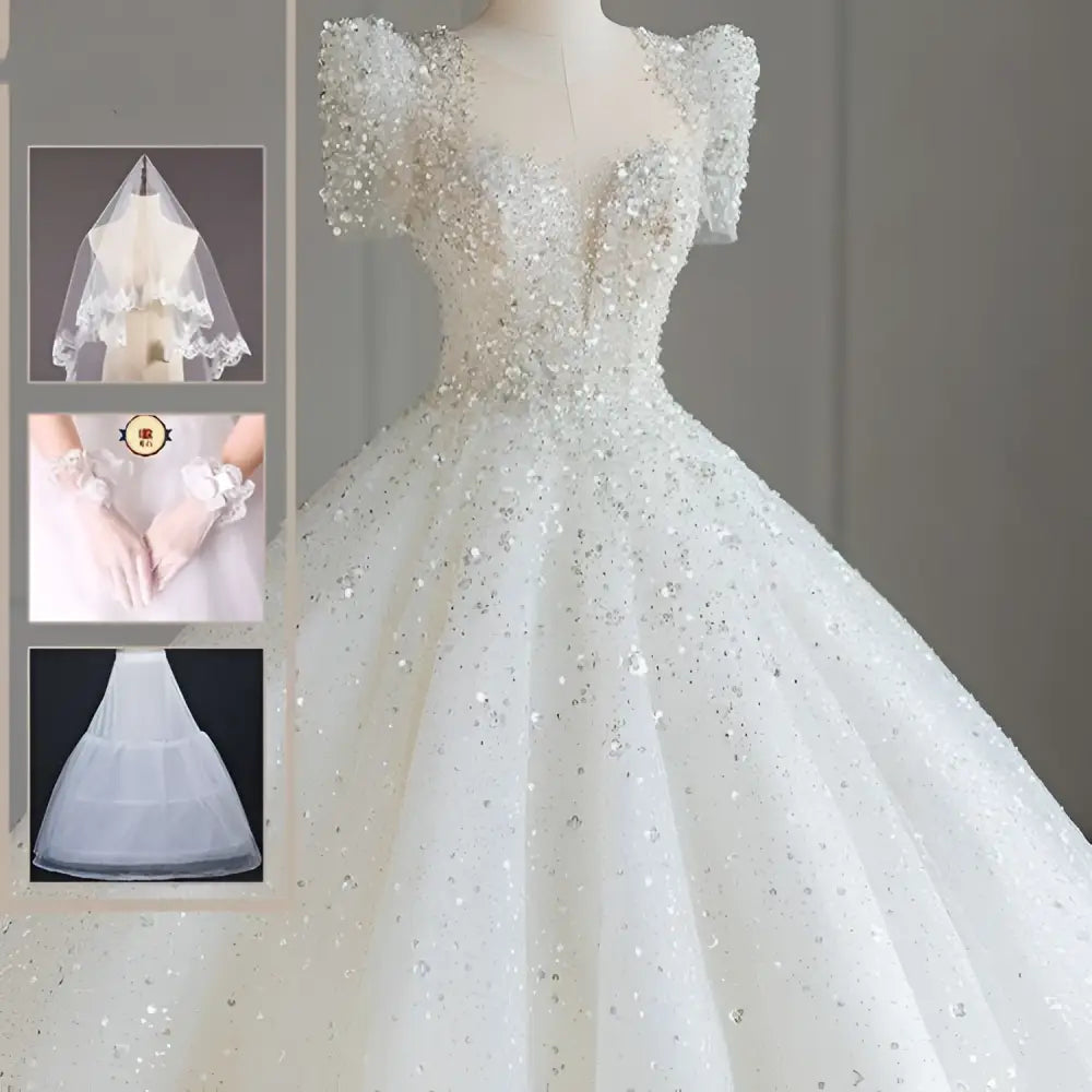Sparkling Beaded White Wedding Dress with Voluminous Tail