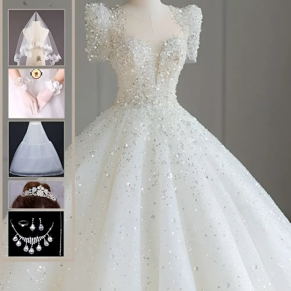 Sparkling Beaded White Wedding Dress with Voluminous Tail
