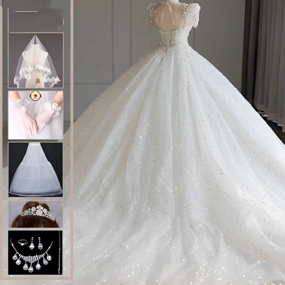 Sparkling Beaded White Wedding Dress with Voluminous Tail