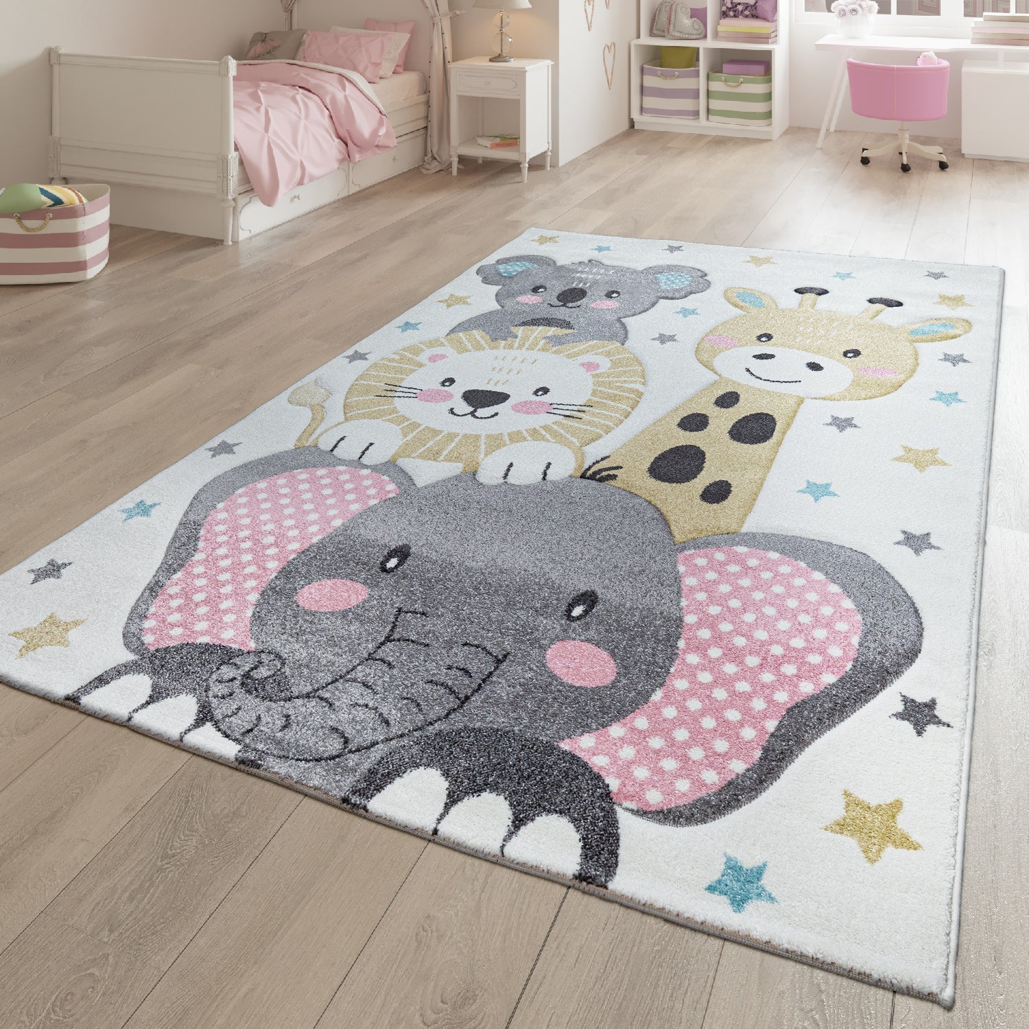 Kids Rug Elaya for Nursery Happy Animals in Cream Pastel-4