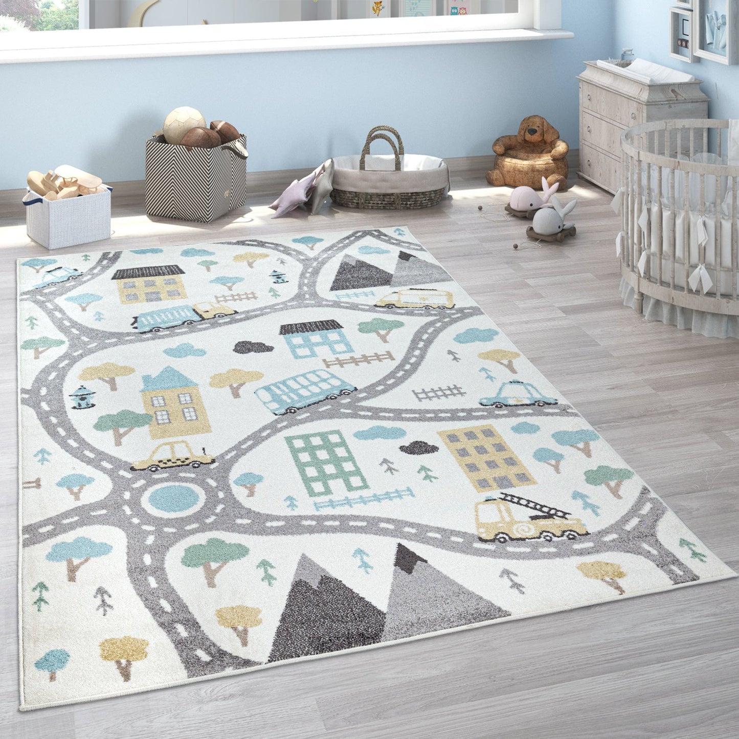 Nursery Rug Nino with Town Streets and Cars Motif in Pastel Colors-4