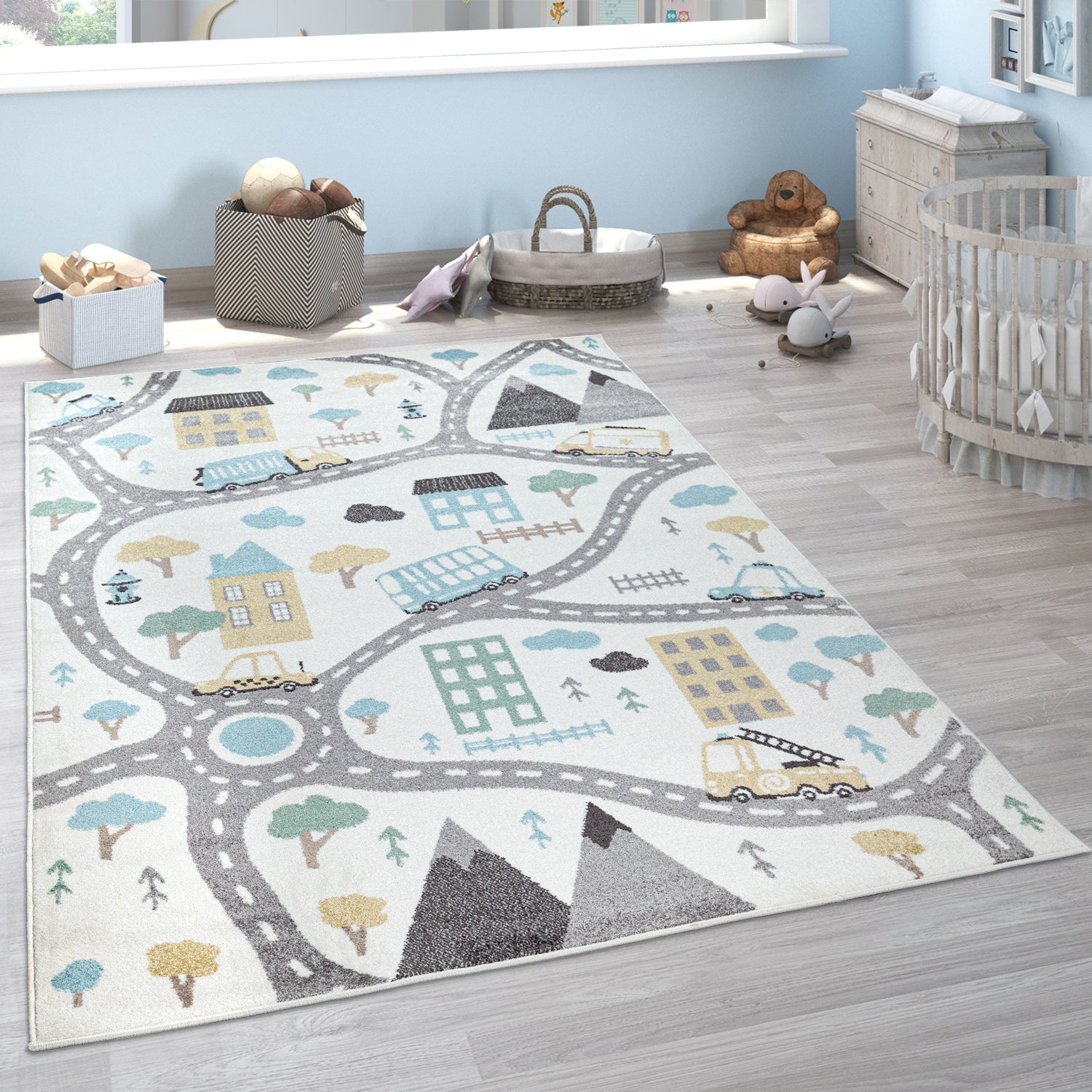 Nursery Rug Nino with Town Streets and Cars Motif in Pastel Colors-4