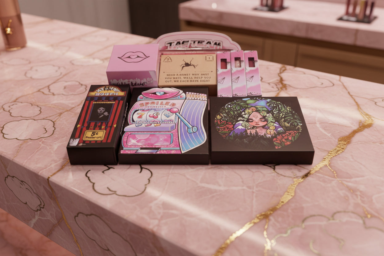 Collection of small boxes with various designs on a tiled surface