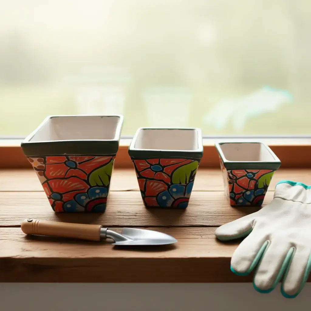 Square Talavera Planter Set | Colorful Mexican Mini Pots (Set of 3)