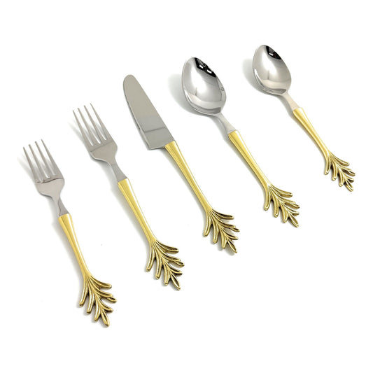 Stainless Steel Golden Flatware 20p set Leaf Style Design