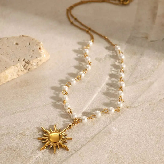 Stainless Steel Pearl Necklace with Gold Sun Pendant