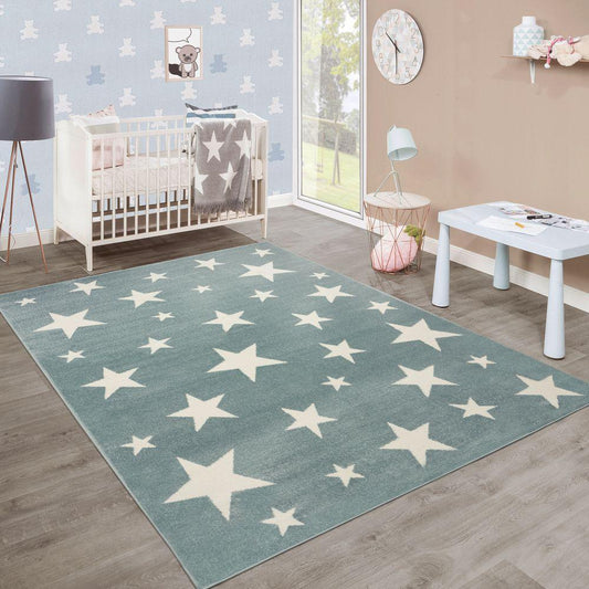 Stars Rug Kids for Nursery in Green White Pastel Colors-0
